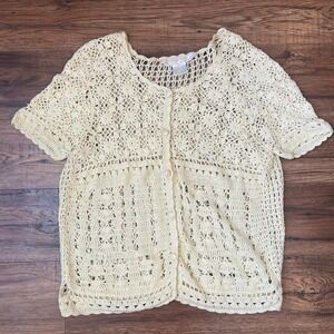 Vintage Butter Yellow Crochet Open Knit Button Cardigan Women Medium Cottagecore